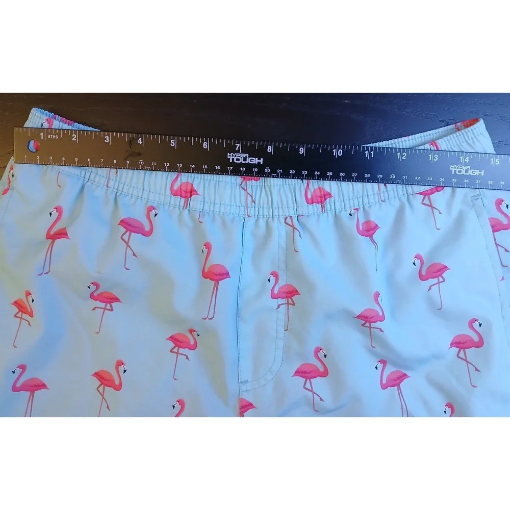 LRD Performance Mens Flamingo Print Swim Trunks Blue Pink Compression Liner Sz M